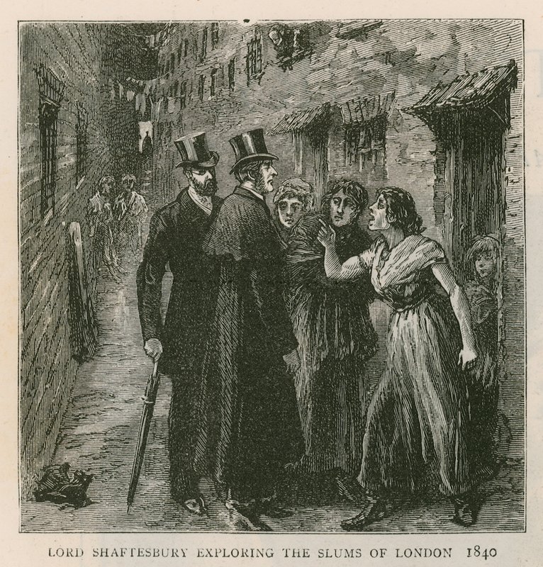 El Conde de Shaftesbury; explorando los barrios bajos de Londres, 1840 de English School