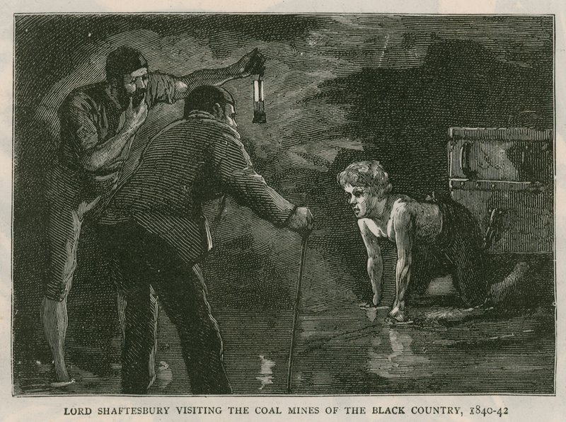 El Conde de Shaftesbury; visitando las minas de carbón del Black Country, 1840-41; de The Graphic, 10 de octubre de 1885 de English School