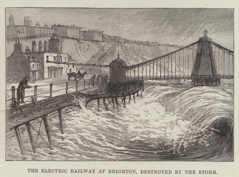 El Ferrocarril Eléctrico en Brighton, destruido por la Tormenta de English School