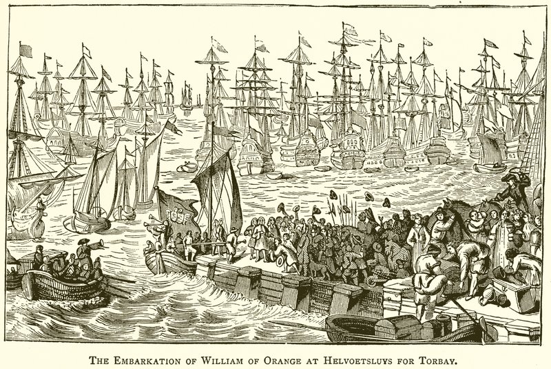 El embarque de Guillermo de Orange en Helvoetsluys hacia Torbay de English School