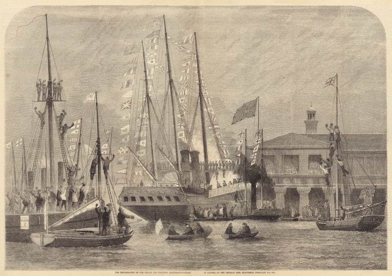 El embarque del Príncipe y la Princesa Federico-Guillermo de Prusia en el muelle Terrace (grabado) de English School