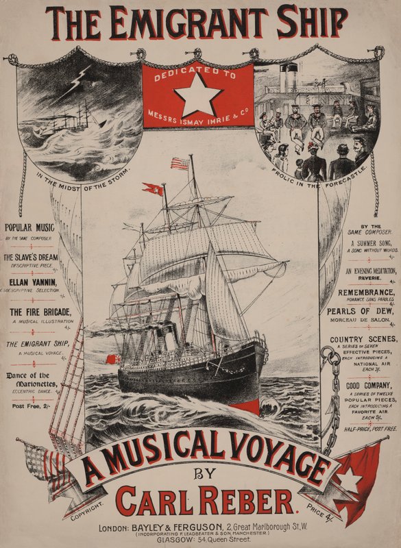 El barco emigrante, portada de partitura victoriana (litografía en color) de English School