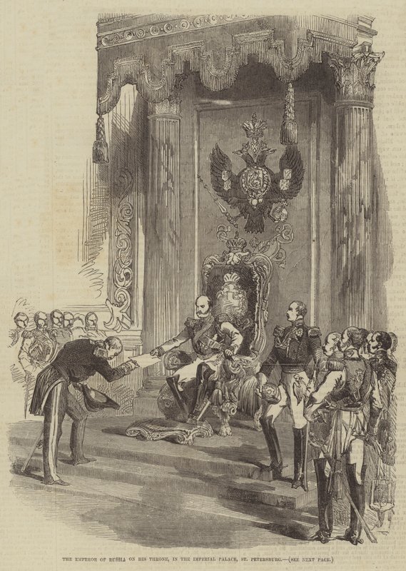 El Emperador de Rusia en su Trono, en el Palacio Imperial, San Petersburgo (grabado) de English School