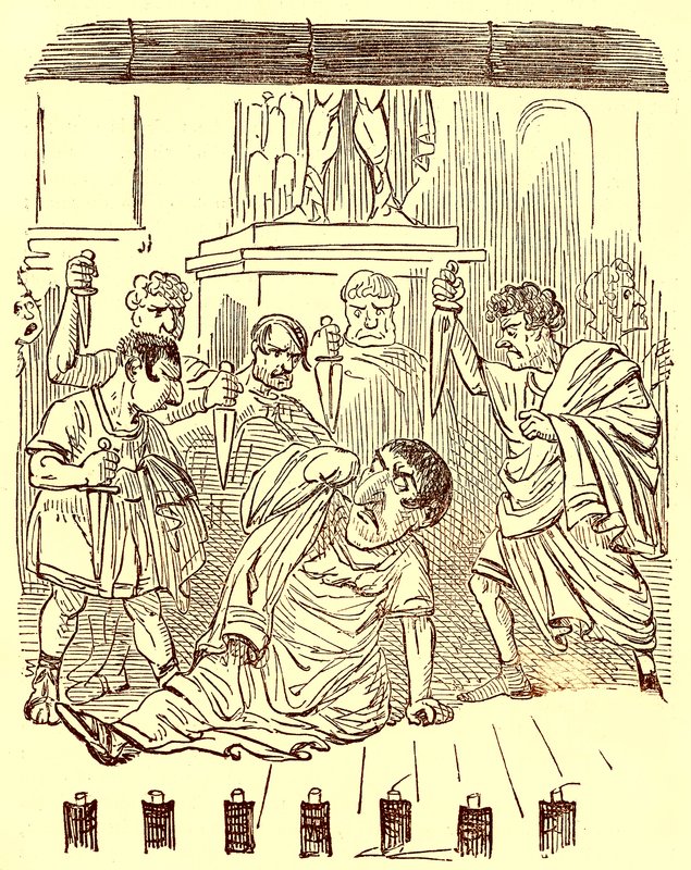 El fin de Julio César, ilustración de La Historia Cómica de Roma de Gilbert Abbott a Beckett, publicada c.1850 de English School