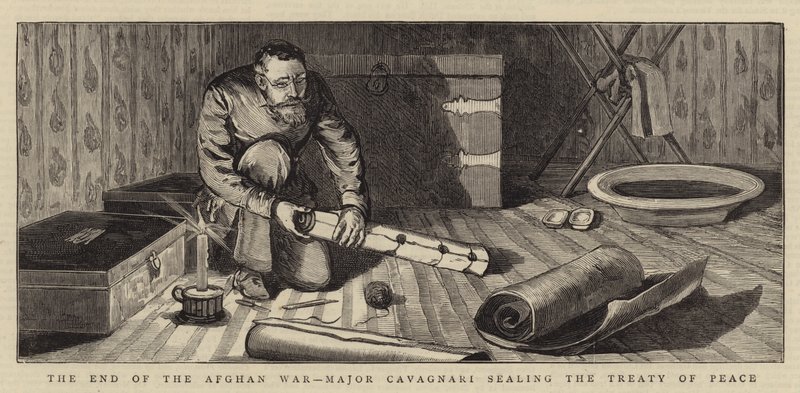 El Fin de la Guerra Afgana, el Mayor Cavagnari sellando el Tratado de Paz (grabado) de English School