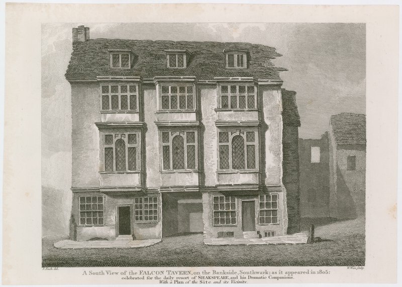 La Taberna del Halcón en Bankside, Southwark. Como apareció en 1805 de English School