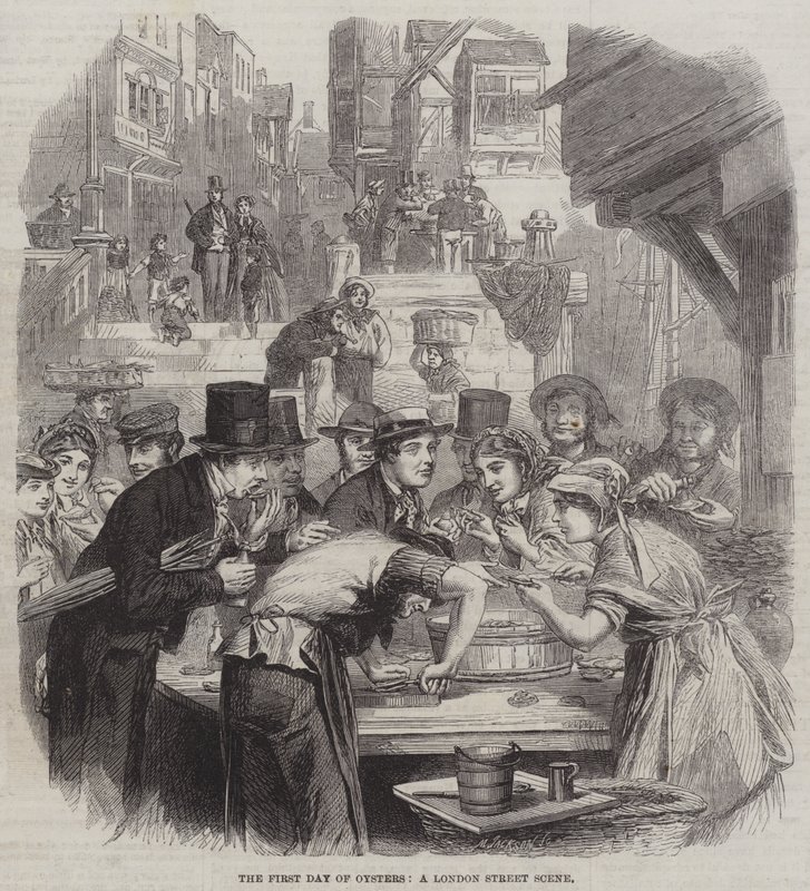El Primer Día de Ostras, una escena callejera de Londres (grabado) de English School