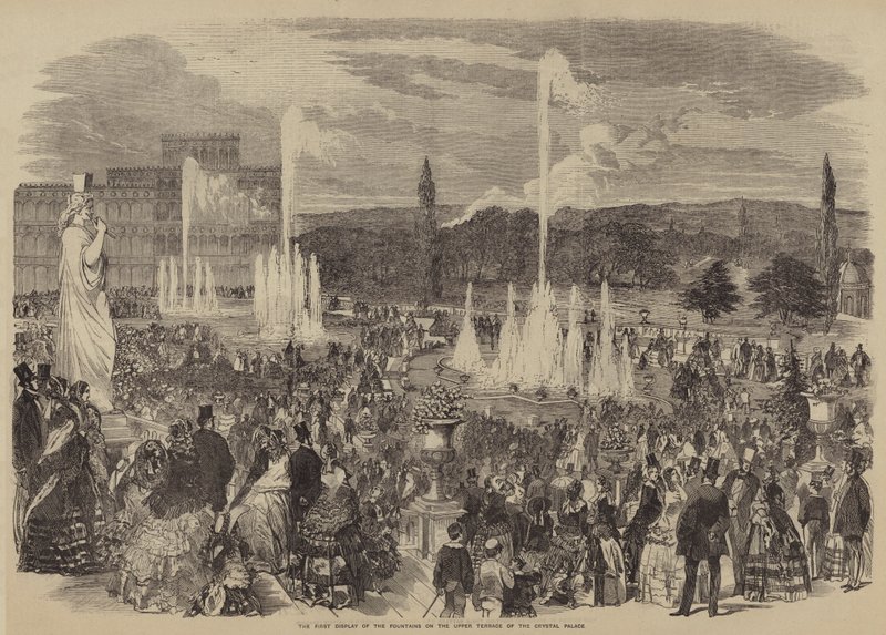 Primera exhibición de las fuentes en la terraza superior del Palacio de Cristal (grabado) de English School