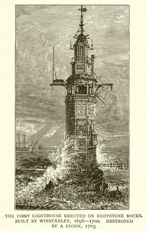El primer faro erigido en las rocas de Eddystone. Construido por Winstanley, 1696-1700, destruido por una tormenta, 1703 de English School