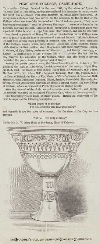 La Copa del Fundador, en el Pembroke College, Cambridge (grabado) de English School