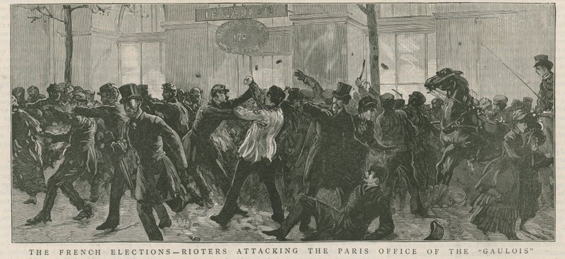 Las Elecciones Francesas - alborotadores atacando la oficina de Galois en París de English School