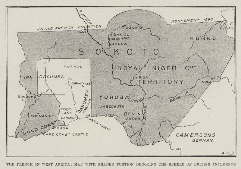 Los franceses en África Occidental, mapa con la porción sombreada que denota la esfera de influencia británica de English School