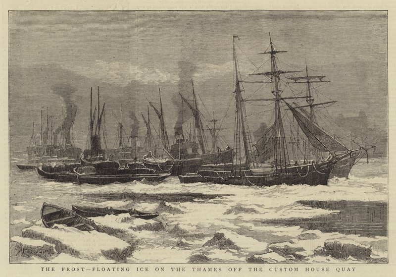 La helada, hielo flotante en el Támesis frente al muelle de la Aduana de English School