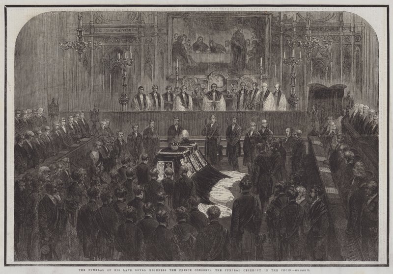 El Funeral de Su Alteza Real el Príncipe Consorte, la Ceremonia Fúnebre en el Coro (grabado) de English School