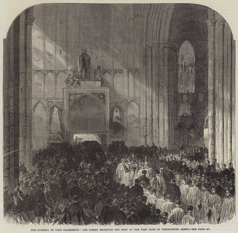El Funeral de Lord Palmerston, el Clero recibiendo el Cuerpo en la Puerta Oeste de la Abadía de Westminster de English School