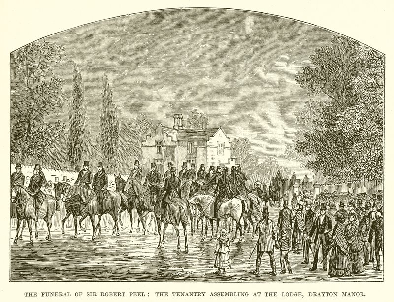 El funeral de Sir Robert Peel: los arrendatarios reuniéndose en el lodge, Drayton Manor de English School
