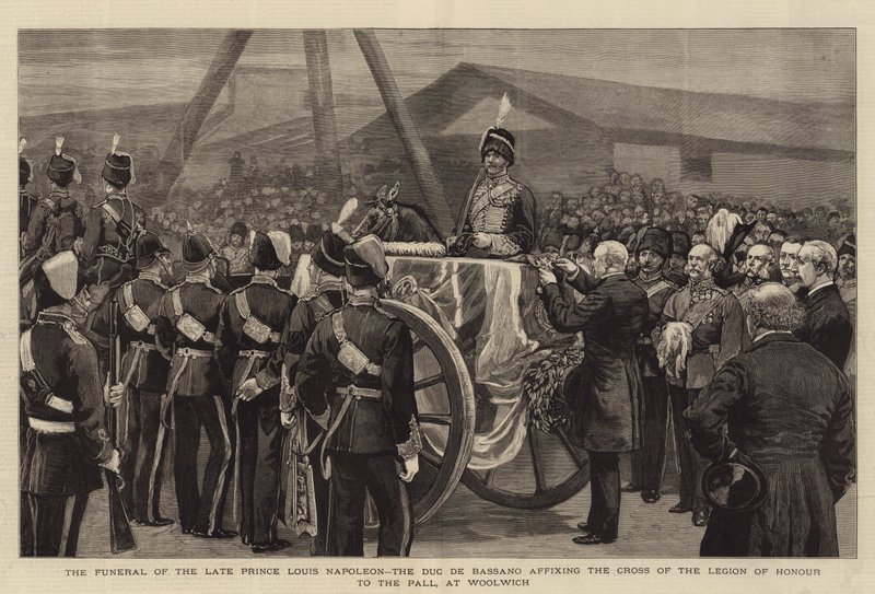 El funeral del difunto Príncipe Luis Napoleón, el Duque de Bassano, fijando la Cruz de la Legión de Honor al féretro, en Woolwich (grabado) de English School