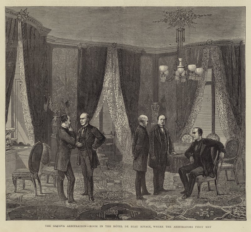 El arbitraje de Ginebra, sala en el Hotel de Beau Rivage, donde se reunieron los árbitros por primera vez (grabado) de English School