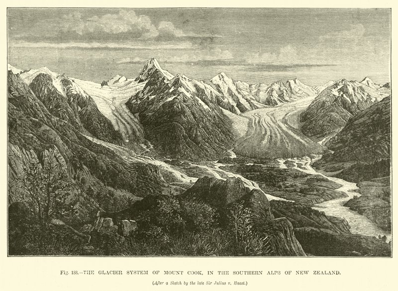 El sistema de glaciares del Monte Cook, en los Alpes del Sur de Nueva Zelanda de English School