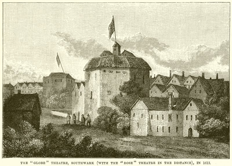El Teatro Globe, Southwark (con el Teatro Rose en la distancia), en 1613 de English School
