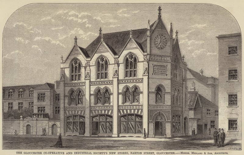Las nuevas tiendas de la Sociedad Cooperativa e Industrial de Gloucester, Barton Street, Gloucester de English School