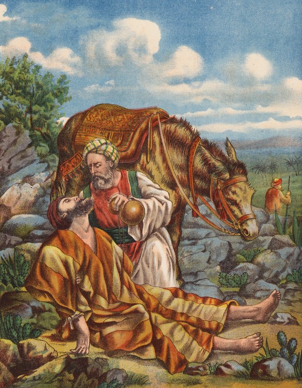 El buen samaritano (litografía en color) de English School