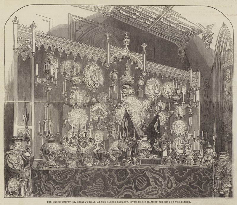 El Gran Buffet, Salón de San Jorge, en el Banquete de la Jarretera, dado a Su Majestad el Rey de Francia de English School