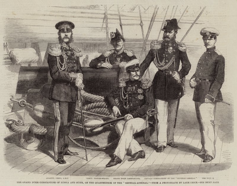 El Gran Duque Constantino de Rusia y su séquito, en la cubierta del "General-Almirante" de English School