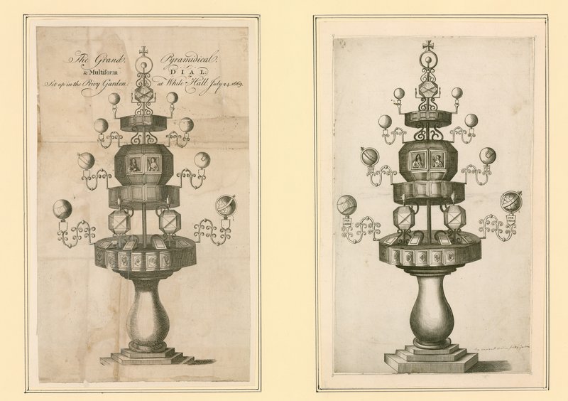 El Gran Reloj Piramidal y Multiforme instalado en el Jardín Privado de Whitehall, 24 de julio de 1669 de English School
