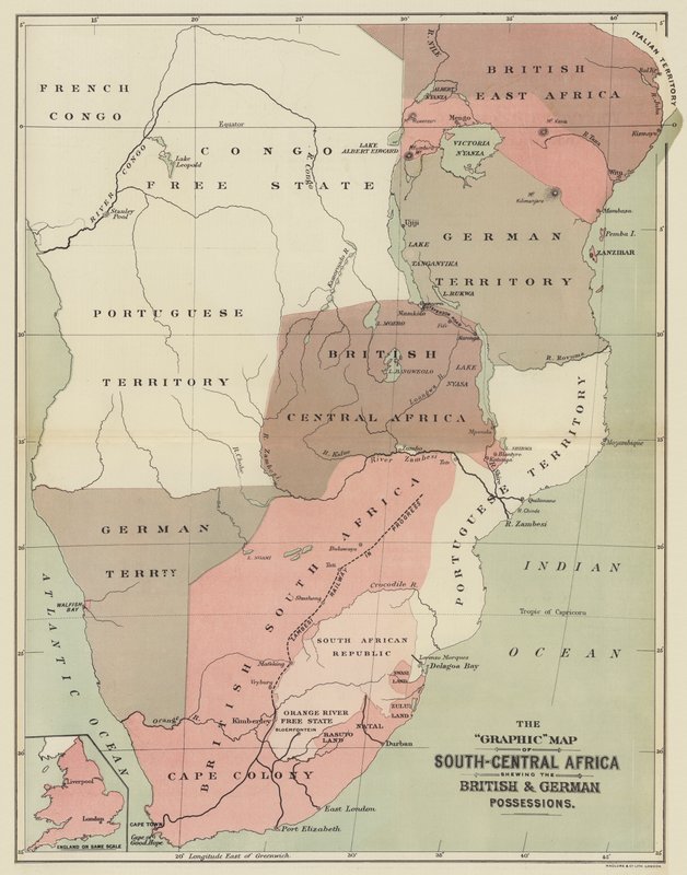 El mapa gráfico de África centro-sur mostrando las posesiones británicas y alemanas de English School