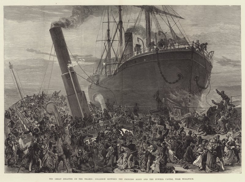 El gran desastre en el Támesis, colisión entre la Princesa Alicia y el Castillo Bywell, cerca de Woolwich de English School