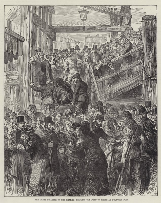 El gran desastre en el Támesis, llevando a los muertos a la orilla en el muelle de Woolwich (grabado) de English School