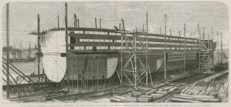 El barco de vapor Gran Eastern; Construcción en los astilleros, Millwall de English School