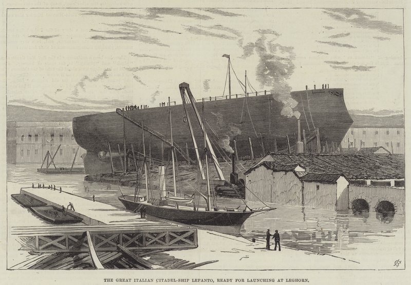 La gran ciudadela italiana Lepanto, lista para ser lanzada en Livorno (grabado) de English School