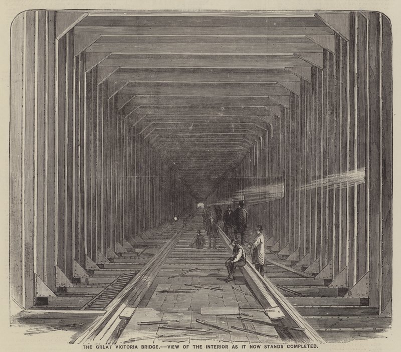 The Great Victoria Bridge, View of the Interior as it Now Stands Completed (grabado) de English School