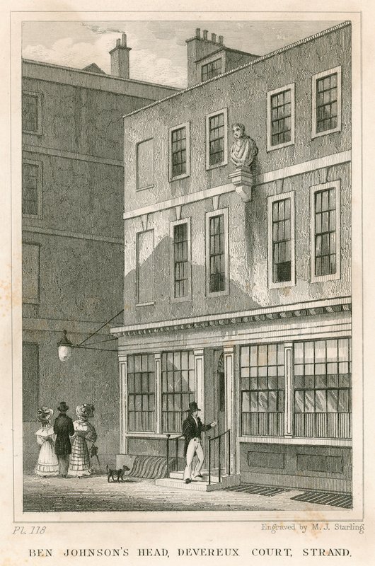 La Grecian Coffee House, Devereux Court, Strand, con un busto de Ben Johnson de English School