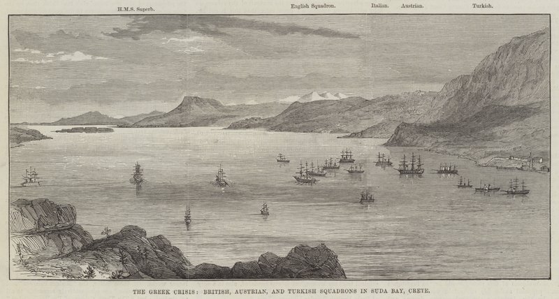 La crisis griega, escuadrones británicos, austriacos y turcos en la bahía de Suda, Creta de English School