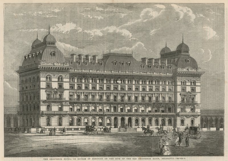 El Hotel Grosvenor, en construcción en el sitio del antiguo Grosvenor Basin, Belgravia de English School