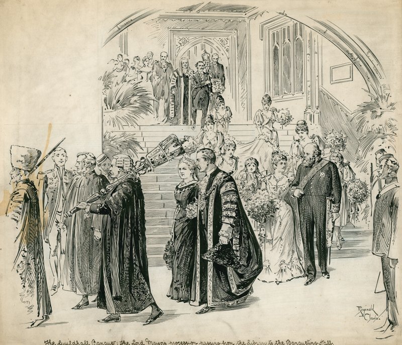 El Guildhall, Londres, Banquete: la procesión del Alcalde pasando de la Biblioteca al Salón de Banquetes de English School