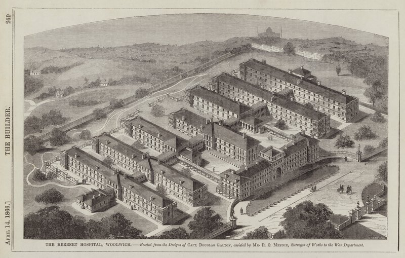 El Hospital Herbert, Woolwich, erigido según los diseños del Capitán Douglas Galton (grabado) de English School