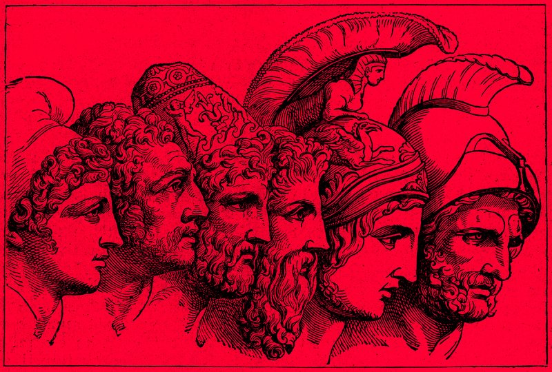 Los Héroes de la Guerra de Troya: Paris, Diomedes, Odiseo, Néstor, Aquiles, Agamenón, ilustración de The Illustrated History of the World, publicado c.1880 de English School