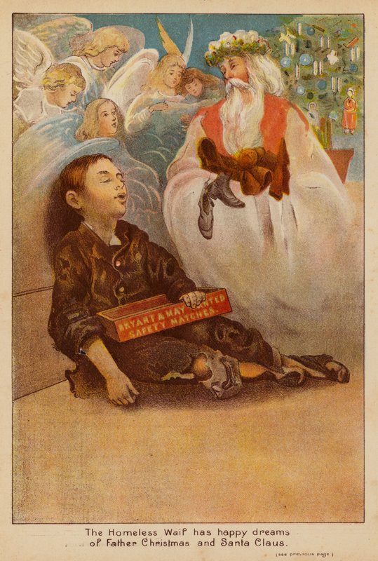 The Homeless Waif tiene felices sueños con Papá Noel y Santa Claus (litografía en color) de English School