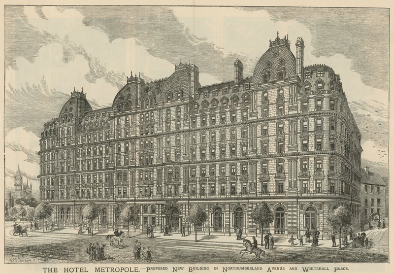 El Hotel Metropole, nuevo edificio propuesto en Northumberland Avenue y Whitehall Place de English School