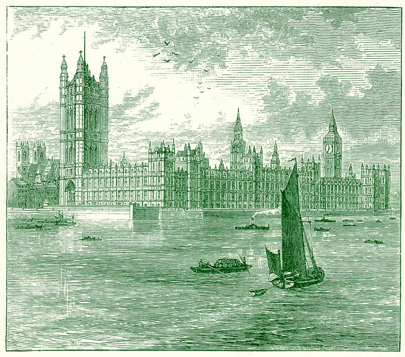 Las Casas del Parlamento y la Abadía de Westminster, ilustración de The World as it Is de George Chisolm, publicado en 1885 de English School