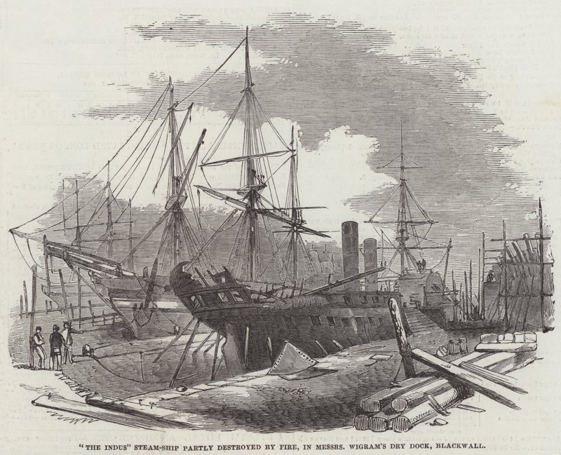 El Barco de Vapor "El Indo" parcialmente destruido por un Incendio, en el Astillero Seco de Messers Wigram, Blackwall de English School