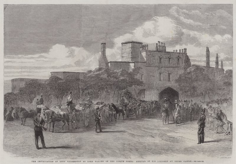 La instalación de Lord Palmerston como Lord Guardián de los Cinco Puertos, llegada de Su Señoría al Castillo de Dover (grabado) de English School