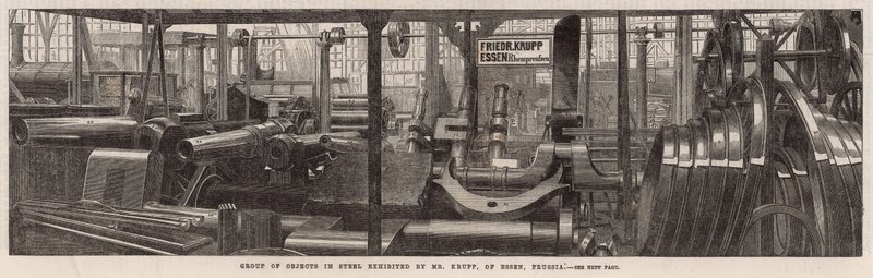 La Exposición Internacional; Grupo de objetos en acero exhibidos por el Sr. Krupp de Essen, Prusia de English School