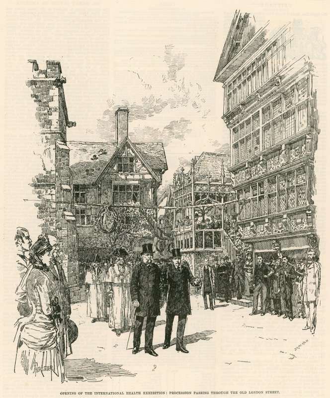 La Exposición Internacional de Salud en South Kensington: Procesión pasando por la antigua calle de Londres de English School