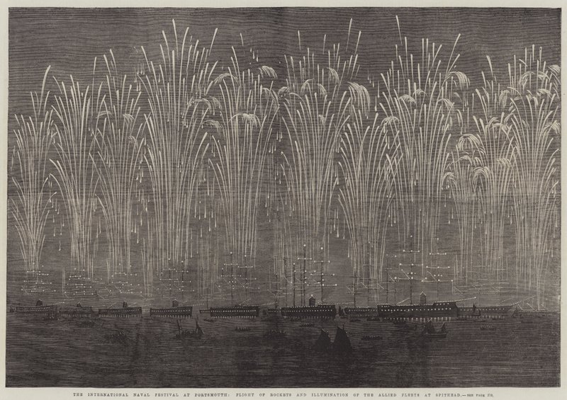 El festival naval internacional en Portsmouth, vuelo de cohetes e iluminación de las flotas aliadas en Spithead (grabado) de English School
