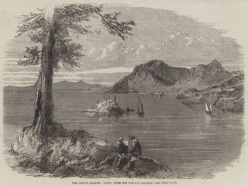 Las Islas Jónicas, Corfú, desde la Batería de Un Cañón (grabado) de English School